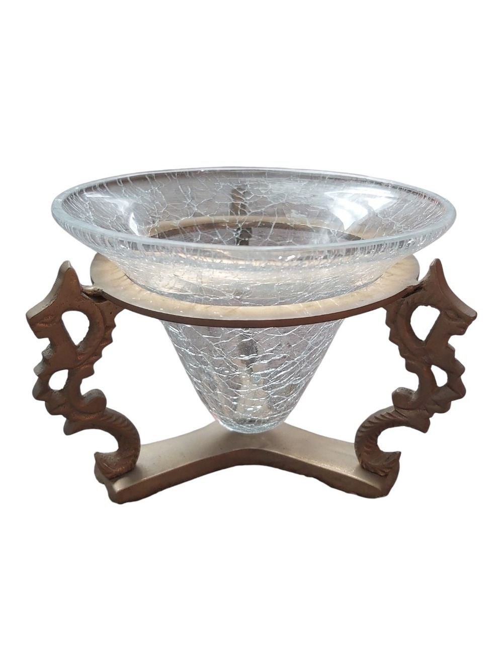 Vintage Conical Crackle Glass Bowl with Ornate Brass Dragon Stand - Mid Century